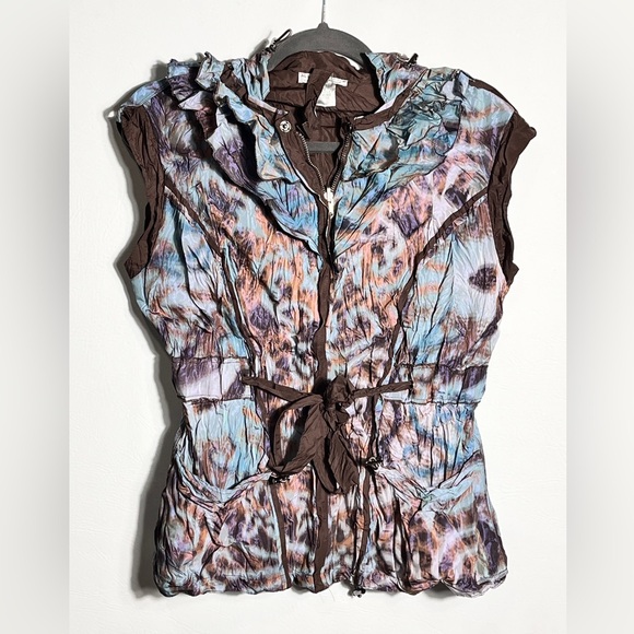 Alberto Makali Tops - Alberto Makali Blue and Brown Ruffled Hooded Vest Blouse Small